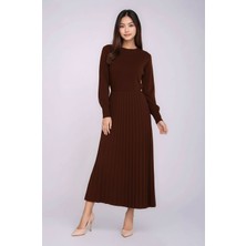 Mamayaga Kadın Uzun Kol Bisiklet Yaka Belden Asimetrik Etek Triko Spor Şık Elbise