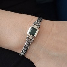 Bir Gümüş Aşkı 925 Ayar Gümüş Özel Üretim Yeşil Taşlı Kutu Kilitli Erkek Bileklik 7 mm