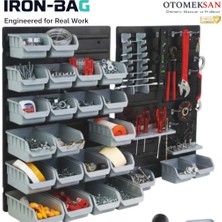Otomeksan Iron-Bag 43 Parça Duvar Panel Seti – Profesyonel Duvar Askı Panosu, Modüler Alet Düzenleyici, Atölye Garaj Organizer Sistemi, Vidalık Kutu Raflı Duvar Depolama Ünitesi,