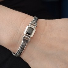 Bir Gümüş Aşkı 925 Ayar Gümüş Özel Üretim Siyah Taşlı Kutu Kilitli Erkek Bileklik 7 mm