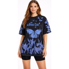 Pazarcan Asit Yıkamalı Oversize Tişört Baskılı Dijital Print Bisiklet Yaka T-Shirt -