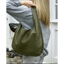 Özüm Çanta Kadın Büyük Boy Örgü Desenli Kol Omuz Çantası Haki