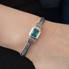 Bir Gümüş Aşkı 925 Ayar Gümüş Özel Üretim Aquamarin Renk Taşlı Kutu Kilitli Erkek BILEKLIK7MM
