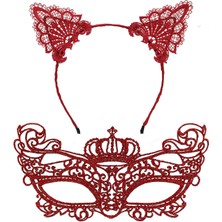 EkoAlışverişDünyam Lüks Kırmızı Dantel Taçlı Maske Seti 2 No - Parti, Balo, Kostüm Aksesuarı (5510)
