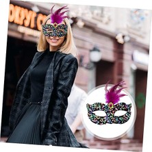 EkoAlışverişDünyam Siyah Kadife Üzeri Rengarenk Payetli Pullu Pembe Tüylü Pembe Taşlı Parti Maskesi 19X21 cm (5510)