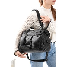 Duomino Yıkama Deri Siyah Çok Bölmeli Çapraz ve Omuz Çantası / Kol Çantası