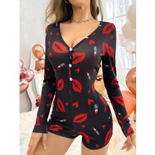 Best Dream Kadın Siyah Öpücük ve Kalp Desenli Şortlu Gecelik Pamuklu Düğmeli Uzun Kollu Pijama Tulum