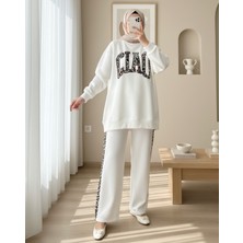 Modamorfo Önü Yazılı Leopar Deseni Detaylı Üç İplik Sweat Takım  -Beyaz