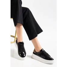 Alfaze Siyah Rugan Yüksek Taban Ortopedik Topuk Dikenine Karşı Özel Üretim Bağcıklı Spor Ayakkabı Topuk Boyu 3 cm