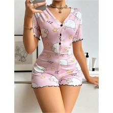 Best Dream Kadın Siyah Ayıcık Desenli Şortlu Gecelik Pijama Düğmeli Kısa Kollu Giyim Tulum