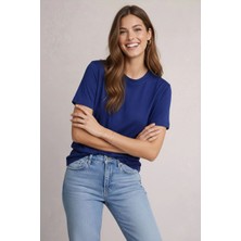 Osy Modal Yumuşak Dokulu Kumaş Kadın Bisiklet Yaka T-Shirt - Lacivert