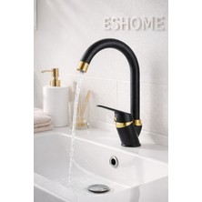 Siyah Gold Banyo Lavabo Bataryası Musluğu Baston Borulu