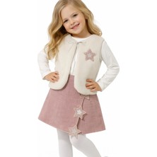 İrem Çocuk Giyim Kız Çocuk Yıldız Detaylı Şort Etekli Peluş Yelekli Uzun Kol Badili Üçlü Takım