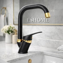 Siyah Altın Köşe Borulu Banyo Lavabo Bataryası Musluğu