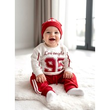 Beren Mevsimlik Erkek Bebek %100 Pamuklu 3'lü Takım Los Angeles Baskılı Şapkalı Sweatshirt Pantolon Takım
