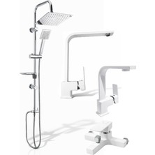 4'lü Full Batarya Seti Beyaz Kare Robot Duş - Banyo - Lavabo - Mutfak Bataryası Musluğu