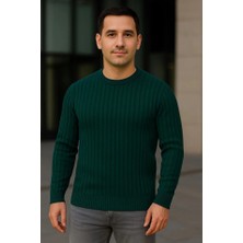 Etiler Collection Erkek Bisiklet Yuvarlak Yaka Triko Kazak Pamuklu Kalın Fitilli Dokuma, Regular Fit Uzun Kollu Kışlık Model - Haki