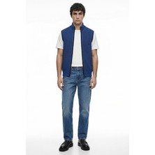 Sementa Yarım Balıkçı Fermuarlı Yünlü Triko Yelek - Saks - Siyah