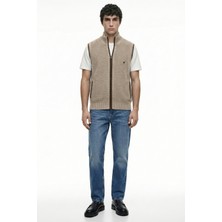 Sementa Yarım Balıkçı Fermuarlı Yünlü Triko Yelek - Bej - Kahverengi