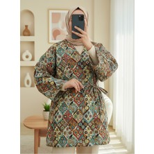 Modamorfo Beli Bağlamalı Cepli Desenli Astarlı Kapitone Kimono -Bej