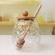 Hype Store Bambu Kapaklı Cam Bal Kavanozu – 350ML | Kaşıklı & Şık Sunum Kavanozu | Doğal Ahşap Kapaklı Cam Bal