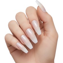 Eda Luxury Beauty 24'lü Natürel Nude Pembe Ombre Beyaz Simli French Takma Tırnak Lüks Doğal Desenli Extra Uzun Küt Kare Balerin Yapıştırıcılı False Nails Set