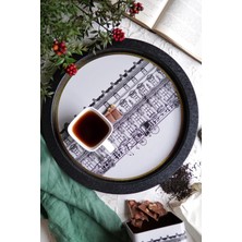Delixa -City Desenli Yuvarlak Metal Tepsi - Çay Kahve Tepsisi - Sunum Tepsisi 37 cm (City)
