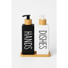 Delixa Bulaşık Deterjanlık ve Sabunluk Seti Bambu Tepsili Şık Ikili Set Siyah Beyaz Modern Tasarım Kompozit