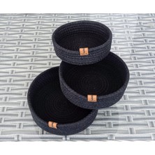 Hype Store Ev Banyo Hasır Sepet 3 Adet Yuvarlak Siyah Jüt Kordon Pamuk Polyester Ip Örme Sepet Dekoratif Düzenl