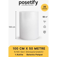 Poşetify 100 cm x 50 m Balonlu Naylon Patpat | 1. sınıf | 3 Katlı | 50 m2 | 35 gr/m² | Kalın Paketleme Rulosu