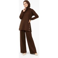 Livizmir Moda Osy Modal Yumuşak Dokulu Kumaş Modern Tesettür Takım Yandan Metal Çıtçıtlı Uzun Tunik Pantolon Set Salaş Kalıp - Kahverengi
