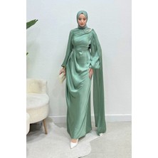 Tesettür Diyarı Diores Taş Detaylı Pelerinli Janjan Kumaş Tesettür Abiye- Mint Yeşili