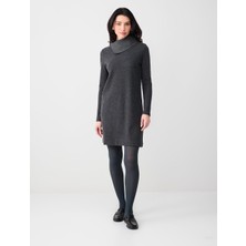 Jimmy Key Antrasit Melanj Yumuşak Dokulu Asimetrik Yaka Örme Mini Elbise