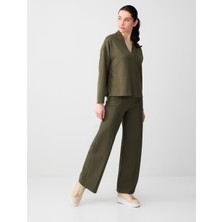 Jimmy Key Haki Rahat Kesim Bol Paça Yüksek Bel Uzun Örme Pantolon