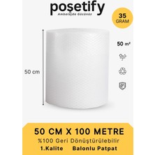 Poşetify 50 cm x 100 m Balonlu Naylon Patpat | 1. sınıf | 3 Katlı | 50 m2 | 35 gr/m² | Kalın Paketleme Rulosu