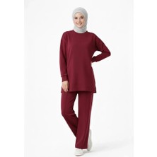 Livizmir Moda Osy Modal Yumuşak Dokulu Tesettür Ikili Takım Yan Yırtmaçlı Uzun Tunik ve Düz Paça Pantolon, Salaş Kalıp - Bordo