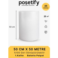 Poşetify 50 cm x 50 m Balonlu Naylon Patpat | 1. sınıf | 3 Katlı | 25 m2 | 35 gr/m² | Kalın Paketleme Rulosu
