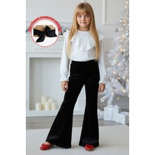 Parla Kids Kız Çocuk Velvet Uzun Kollu Fırfırlı Bluz İspanyol Kadife Siyah Tayt Takım Bandana Hediyeli