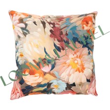 Loom & Laurel İçi Dolu Krep Örgü Üzerine Dijital Baskılı Kırlent 45x43 cm | Pembe Ağırlıklı Çiçekli Dekoratif Yastık