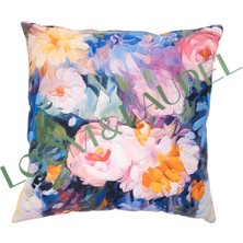 Loom & Laurel İçi Dolu Krep Örgü Üzerine Dijital Baskılı Kırlent 45x43 cm | Mavi Ağırlıklı Çiçekli Dekoratif Yastık