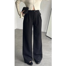 Asfa Moda Kadın Siyah Yüksek Bel Pileli Kumaş Pantolon Wide Leg Bol Paça Şık Ofis Palazzo