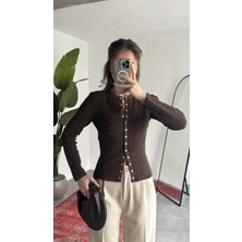 Asfa Moda Kadın Kahverengi Fitilli Triko Hırka Çıt Çıtlı Dar Kesim Basic Şık Uzun Kollu