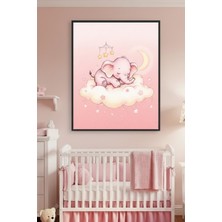 Safir Design Bulut Üstünde Uyuyan Pembe Fil Kız Bebek Kız Çocuk Odası Çerçeveli Tablo