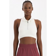 COMEUP Kadın Fermuarlı Pedli Polo Yaka Crop Top Kırık Beyaz Kolsuz Fitted Spor Tarzı