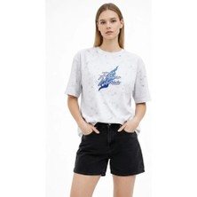 Equri Asit Yıkamalı Oversize Tişört Future Worlds Baskılı Bisiklet Yaka Kısa Kollu Streetwear %100 Pamuk Street Style T-Shirt - Beyaz