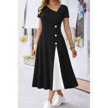 Passense Kadın Kısa Kollu Asimetrik Yakalı Düğme Detaylı Midi Viskon Elbise