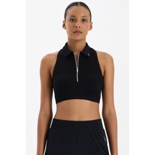Fermuarlı Pedli Polo Yaka Crop Top Siyah
