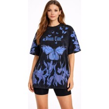 Mç Plus Asit Yıkamalı Oversize Tişört Mavi Kelebek Baskılı Dijital Print Bisiklet Yaka Streetwear T-Shirt - Siyah
