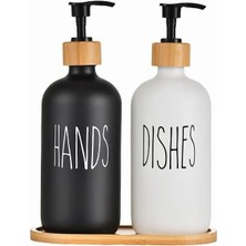 Hype Store Modern Cam Sıvı Sabunluk Seti, Bambu Kapaklı, Siyah ve Beyaz, 500ML, Mutfak Banyo Için El ve Bulaşık