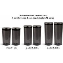 Karma 6 Adet Siyah Borosilikat Cam Bakliyat Kavanozu – Cam Kapaklı - 3 Farklı Boy (1.8 L / 1.4 L / 1 L)